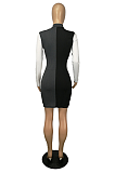 Casual Modest Simplee Long Sleeve Deep V Neck Contrast Panel Mini Dress SH7219