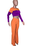 Fashion Polyester Long Sleeve Spliced High Waist Flare Leg Pants Casual Sets  HR8069