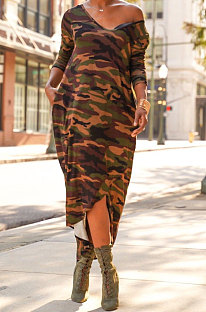 Casual Polyester Camo Long Sleeve Deep V draped After Short Before Long Dress HR8068