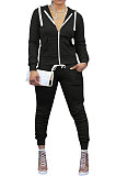 Sporty Long Sleeve Fleece Hooded Pure Color Zipper Pants Sets YMT6117