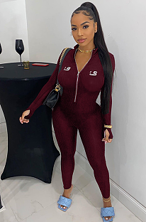 Rib Embroidered Letter Zipper Up Lungewear Sporty Jumpsuit BBN112