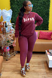 Casual Pure Color Letter Long Sleeve Round Neck Pants Sets JH190