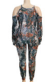 Casual BigSize Women's Clothing Serpentine Printing Off Shoulder Sling Long Sleeve Long Pants Sets  NY5062