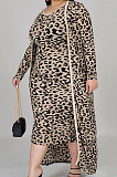 Casual Polyester Leopard Long Sleeve Coat Sundress Sets NY5059