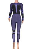 Commuting Printing Long Sleeve Round Neck Contrast Color Jumpsuit  MDF5172