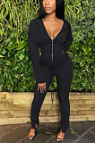 Casual zip-up deep V jacket ruffled trouser suit HH8941
