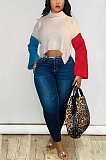 Casual Modest Cute Long Sleeve High Neck Contrast Panel Sweaters LMM8187
