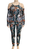 Casual BigSize Women's Clothing Serpentine Printing Off Shoulder Sling Long Sleeve Long Pants Sets  NY5062