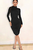 Casual Polyester Long Sleeve High Neck Ruffle Zipper Pure color Mid Waist Dress DR8056