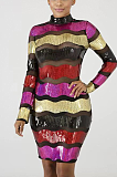 Modest Luxe Sexy Sequins Striped Long Sleeve Mini Dress CCY8175
