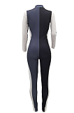 Modest Sexy Simplee Long Sleeve Deep V Neck Contrast Panel Bodycon Jumpsuit HHM6342