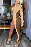 Modest Sexy Simplee Long Sleeve Deep V Neck Contrast Panel Bodycon Jumpsuit HHM6342