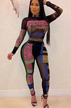 Sexy Polyester Long Sleeve Perspective Hot Drilling Net Yarn Long Pants High Waist Jumpsuits ME2775