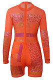 Sexy Polyester Geometric Graphic Long Sleeve Hot Drilling Stand Collar High Waist Shorts Jumpsuits ME2733