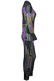 Sexy Polyester Long Sleeve Perspective Hot Drilling Net Yarn Long Pants High Waist Jumpsuits ME2775