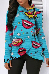 Blue Casual Mouth Graphic Long Sleeve Hoodie GLS8059