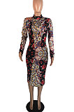 Casual Ditsy Floral Long Sleeve Spliced Round Neck Mid Waist Midi Dress LIN8828