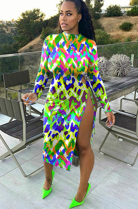 Casual Leopard Long Sleeve Printing Open Fork Bind Dress LIN8823
