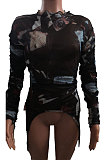 Printing Sexy French Long Sleeve Round Neck Cultivate One's Morality Set Head Net Yarn T-shirt MDO2006
