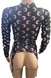Printing Sexy French Long Sleeve Round Neck Cultivate One's Morality Set Head Net Yarn T-shirt MDO2006