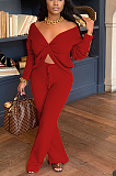 Casual Modest Simplee Long Sleeve Off Shoulder Waist Tie Sets CY1265