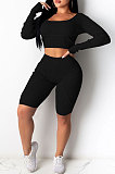 Casual Fashion Pure Color Rib Long Sleeve U get Five Minutes Of Pants Sets RZ1032