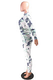 Casual Polyester Tie Dye Long Sleeve Loose Round Neck Long Pants  Waist Tie Two-Piece RZ1030