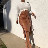 Pu Leather Self Belted Spliced Mid Waist Midi Skirt LS6347