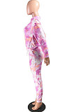 Casual Polyester Tie Dye Long Sleeve Loose Round Neck Long Pants  Waist Tie Two-Piece RZ1030