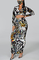 Casual Modest Sexy Leopard Long Sleeve Long Skirt Sets XZ3703