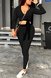 Casual Modest Simplee Long Sleeve Deep V Neck Waist Tie Sets T2566