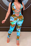 Bandage Multicolor Printed Hollow Out Bodycon Sexy Jumpsuit LA3208