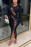 Night Out Boho Sexy Long Sleeve Self Belted Hollow Out Long Dress ZS0354