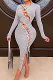Night Out Boho Sexy Long Sleeve Self Belted Hollow Out Long Dress YR8052