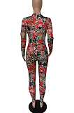 Casual Floral Long Sleeve Round Neck Bodycon Jumpsuit LJJ6020