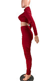Fasion Sexy Sets Autumn Winter Pure Color Long Sleeve Ruffle Pants Two-Piece YR8049