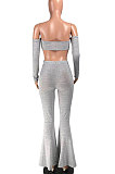 Sexy Crop Navel Loudspeaker Long Pants Pure Color Womenswear Two-Piece YR8046