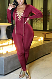 Sexy Simplee Long Sleeve Scoop Neck Self Belted Bodycon Jumpsuit MA6617