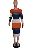 Casual Modest Sexy Striped Long Sleeve Round Neck Long Dress HM5388