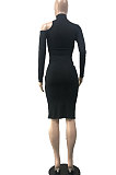 Sexy Polyester Half Neck Pure Color Long Sleeve Off Shoulder Womenswear Dress ATE5210