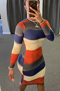 Casual Modest Sexy Striped Long Sleeve Round Neck Long Dress HM5388