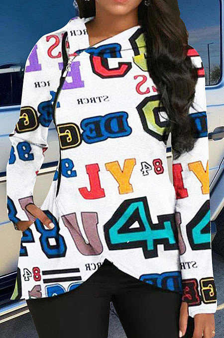 Fashion Numerals Printing Casual Long Sleeve Hooded Zipper Coat  ATE5208