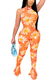 Tight Sexy Perspectivity Polyester Mesh Printing Halterneck Jumpsuits  CCY8560