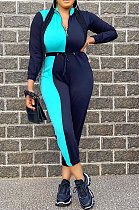 Color Matching Zipper Long Sleeve Casual Polyester High Waist Jumpsuit XMY019