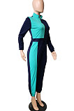 Color Matching Zipper Long Sleeve Casual Polyester High Waist Jumpsuit XMY019