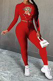 Sexy Polyester Mouth Graphic Long Sleeve Waist Tie Fashion Two-Piece XMY015