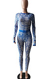 Sexy Net Yarn Perspectivity Printing Mid Waist Section Jumpsuits Sets XMY017