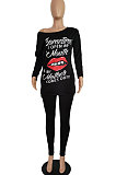 Casual Batwing Sleeve Mouth Graphic Printing Long Sleeve Two-Peice XMY009