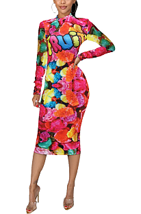 Casual Modest Floral Long Sleeve Round Neck Midi Dress SDD9444