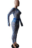 Sexy Net Yarn Perspectivity Printing Mid Waist Section Jumpsuits Sets XMY017